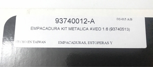 Imagen 2 de 3 de Kit De Empacaduras Metálica Aveo 1.6 Lts
