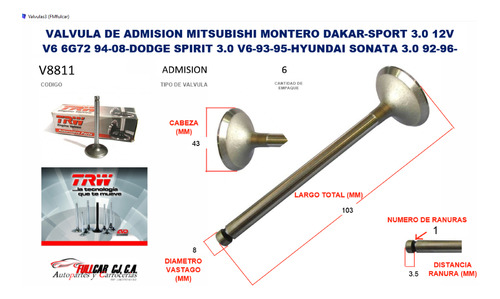 Valvula Admision Mitsubishi Montero Dakar-sport 3.0 12v V6 6