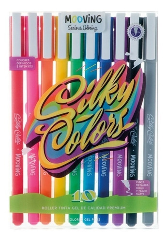 Estuche X 10 Boligrafos Roller Tinta Mooving Silky Colors