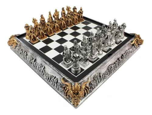 Peças de xadrez antigas no tabuleiro de xadrez fantástico campo de batalha  gerado por ia