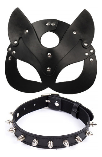 Máscara Antifaz Tachas Mujer Y Gato Ajustable+collar Punta