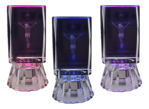 3 Cubo D Vidrio Con Luz Led Grabado Láser Cristo Crucificado