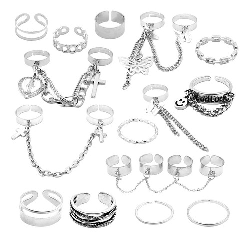 Juego De 17 Anillos De Cadena Punk Ajustables, Anillos Gótic