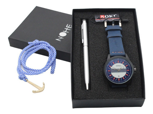 Set Reloj Hombre, , Pulsera, Pluma Elegante Color De La Correa Azul