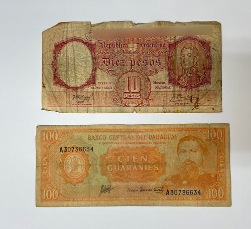 2 Cédulas Antigas - 10 Pesos Arg - 100 Guaranies Parag. (Usado)