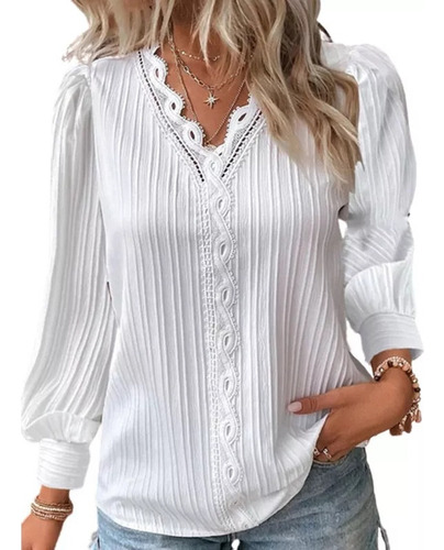 Camisa De Primavera Para Mujer Con Cuello En V Y Encaje Huec