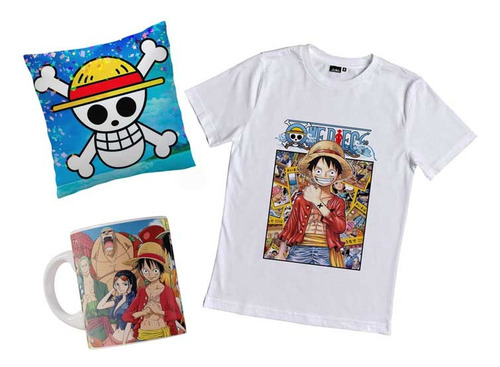 Remera One Piece Luffy Combo Con Taza Y Almohada