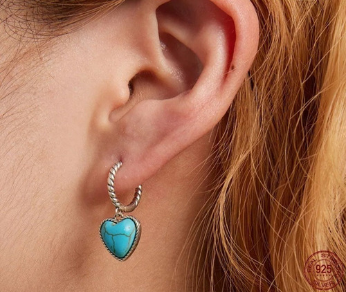 V Aros Argolla Turquesa Corazón Plata Joya Mujer