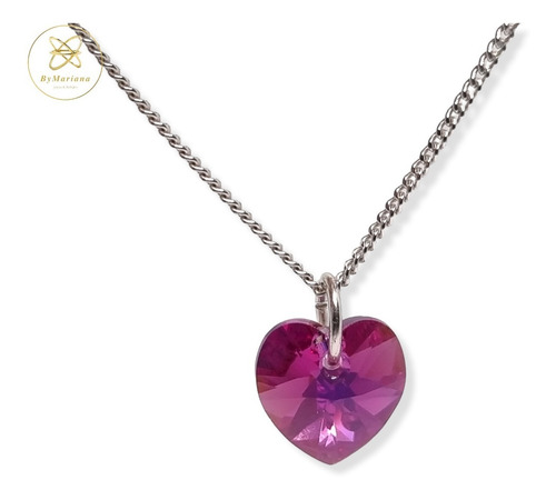 Cadena Plata + Dije Corazon Cristal Swa Fucsia 10mm