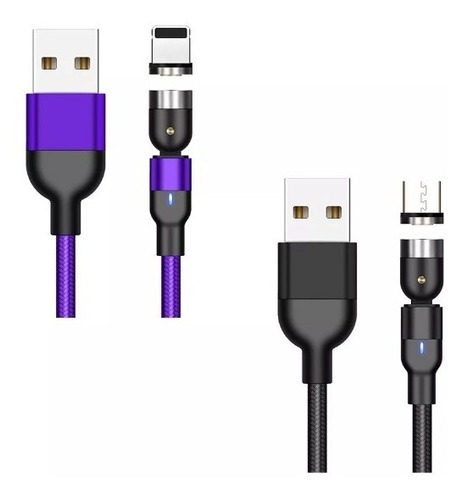 Juego De 2 Cables Usb Magnético 3 En 1 Cargador De Celulares Color Morado/Negro 2M