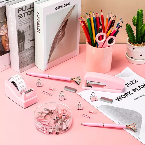 Juego de accesorios de escritorio de oro rosa, juego de suministros de  oficina, juego de grapas acrílicas, soporte de cinta, 2 bolígrafos,  tijeras