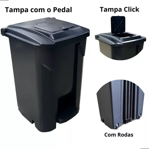 Lixeira Com Roda E Pedal Tampa Click 60 Litros Arqplast