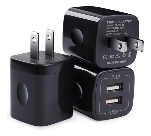 Adaptador De Pared Usb Negro, Bloque De Carga, 3pack Do...