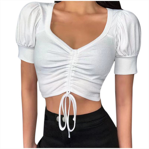 Top Casual De Verano Con Cuello En V Liso Y Manga Corta Para