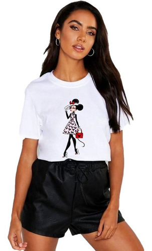 Polera Dama Estampada 100%algodon Diseño Minnie Con Sombrero