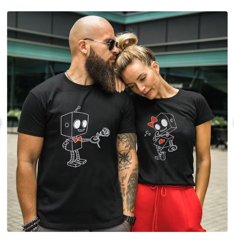 Pack 2 Polera Unisex Pareja Amor Robots Cyber Estampado