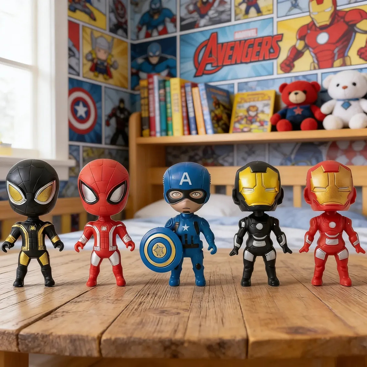 Kit 5 Mini Bonecos Vingadores Baby Avengers Heróis Kids Figuras De Ação Miniaturas Homem Aranha Capitão America