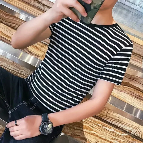 Camiseta De Manga Corta A Rayas A Rayas Para Hombre, Ropa De
