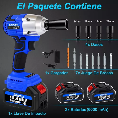 Llave de impacto eléctrica de 1/2 pulgada, llave de impacto a batería,  juego de taladro eléctrico inalámbrico con baterías de 2 x 6.0, motor sin