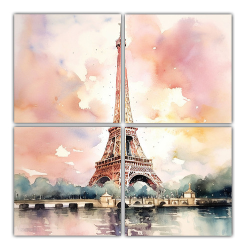 160x160cm Cuadros Eiffel Tower Estilo Acuarela Bastidor Made