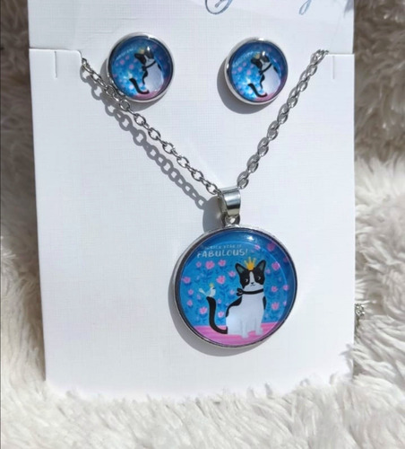 Conjunto Aros + Cadena Exclusivo Gatos Art Nuveau En Cristal