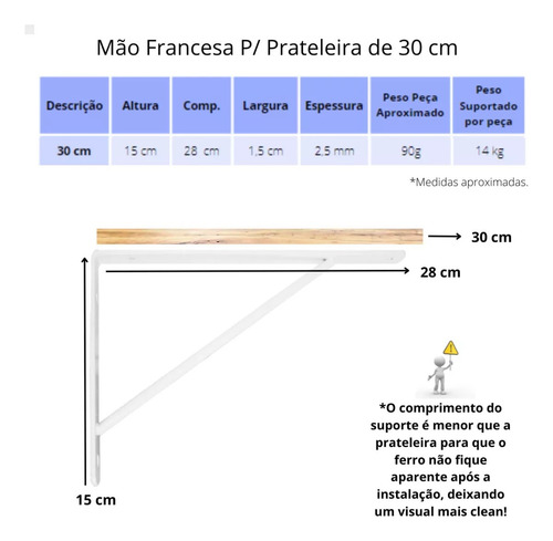 Mão Francesa Kit 12 Branca 30cm + Kit Fixação Envio Imediato
