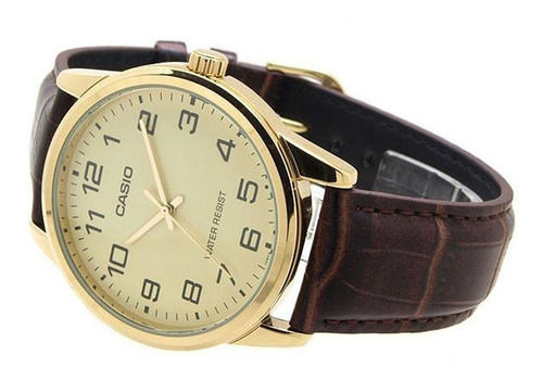 Reloj de pulsera Casio Enticer MTP-V001 de cuerpo color dorado, analógico, para hombre, fondo dorado, con correa de cuero color marrón, agujas color dorado, dial negro, minutero/segundero negro, bisel color dorado y hebilla simple