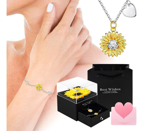 Hi, Girasol Eterno Con Collar De Girasol Caja Con Pulsera