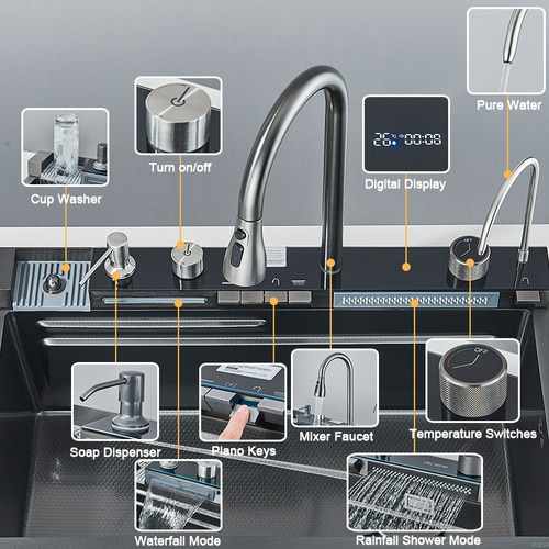 Fregadero De Cocina Multifunción Integrado Acero Inoxidable Negro