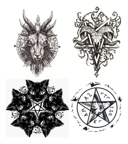 4 Tatuajes Temporales Satanicos Metal Rock 666 Diablo Chivo Color Negro
