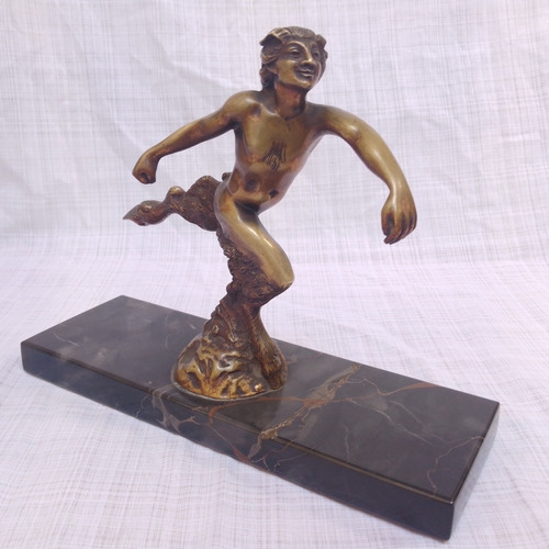 Antigua Figura Bronce Vienes Y Marmol Portoro Art Deco Fauno