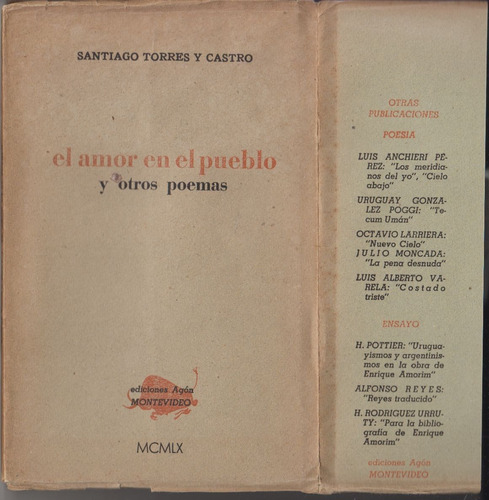 1960 Poesia Santiago Torres Y Castro Amor En El Pueblo Agon