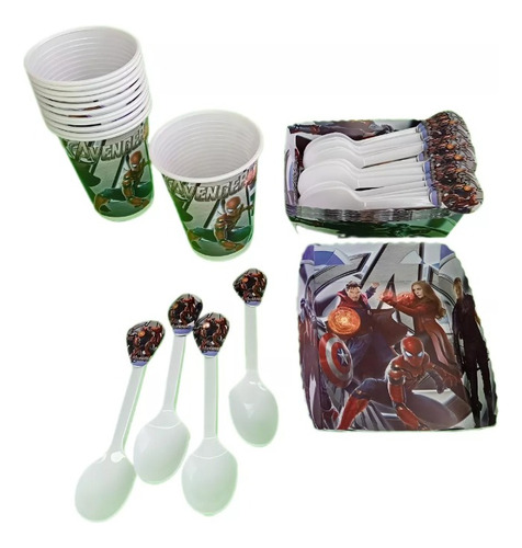 Kit Platos+vasos+cubiertos 36 Niños Avengers Vengadores