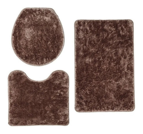 Kit De Banheiro Tapete Conjunto 3 Pçs Peludo Cor Marrom
