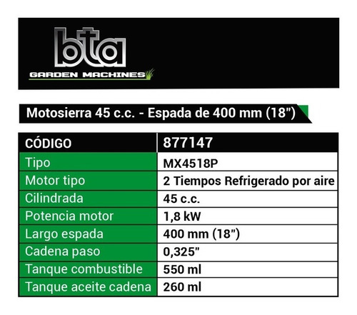Motosierra Bta 18 Pulgadas 45cc Espada De 400 Mm - 877147