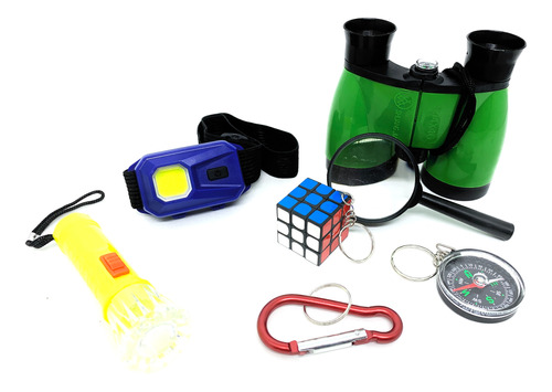 Kit Aventura Explorador Binoculo Lupa Bussola Cubo 7 Itens