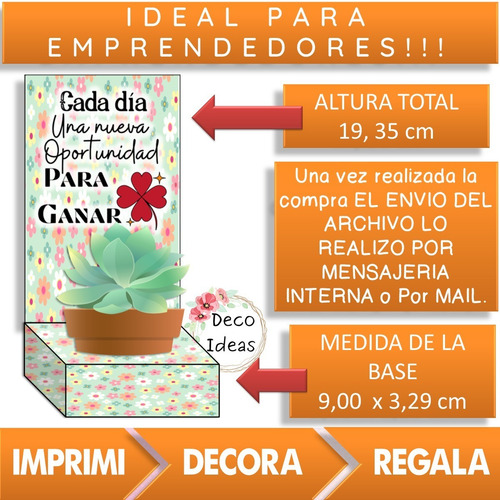 Imagen 2 de 4 de Kit Imprimible 04 Caja Portamaceta Suculenta Frase Positiva