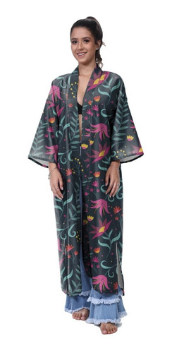 Kimono Haori Longo Floral Ondas Wave Ano Chines Japão Flor