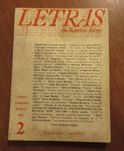 Libro Revista Letras De Buenos Aires Nro 2 Año 1981