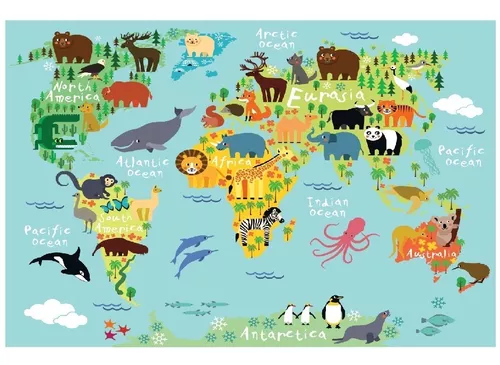 Mapamundi Infantil Animales Vinilo Decorativo - 1.50mx1m Full Color ...
