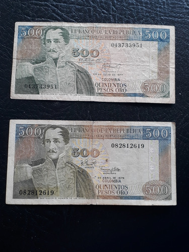 2 Billetes De 500 Pesos De Colombia 1977 Y 1979