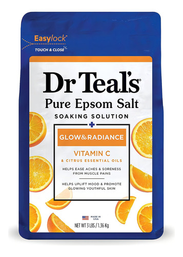 Solución De Remojo De Sal Pura Epsom, Brillo Y Brillo Con Vitamina C Y Aceites Esenciales Cítricos, 3 Libras