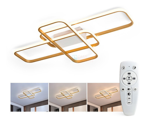 Lustre De Led 3 Retângulos 3 Em 1 54w C/ Controle Remoto Cor Dourado Bivolt