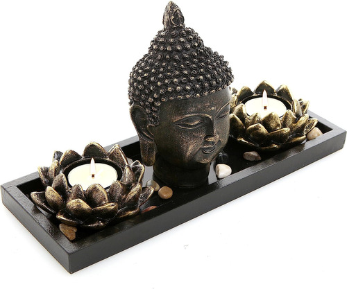 Cabeza De Buda Escultura Jardín Zen Set Con Vela De Lotus Fl