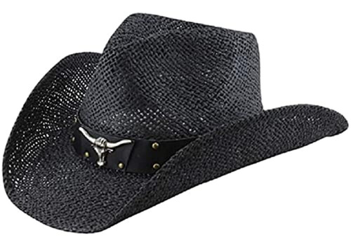 Sombrero De Vaquero De Paja Negra Para Hombre, Piel Sintétic