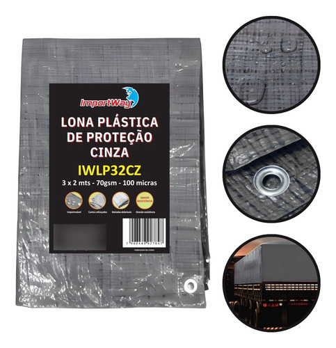 Lona Plástica Impermeável 3 X 2 Metros Cinza 100 Micras