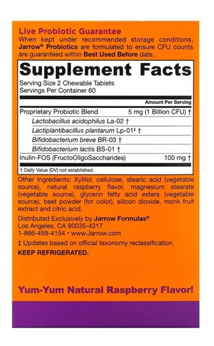 Jarrow Formulas, Yum-yum Dophilus Sin Azúcar, Proporciona 4 Cepas Clínicamente Documentadas , Para La Salud Intestinal E Inmunitaria, 1 Billón Por Porción, 120 Tabletas Masticables