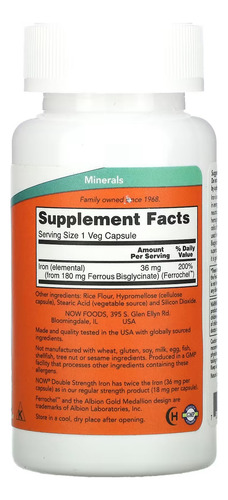 Ferro 36mg Importado 90 Capsulas Veganas Now Foods - Mineral