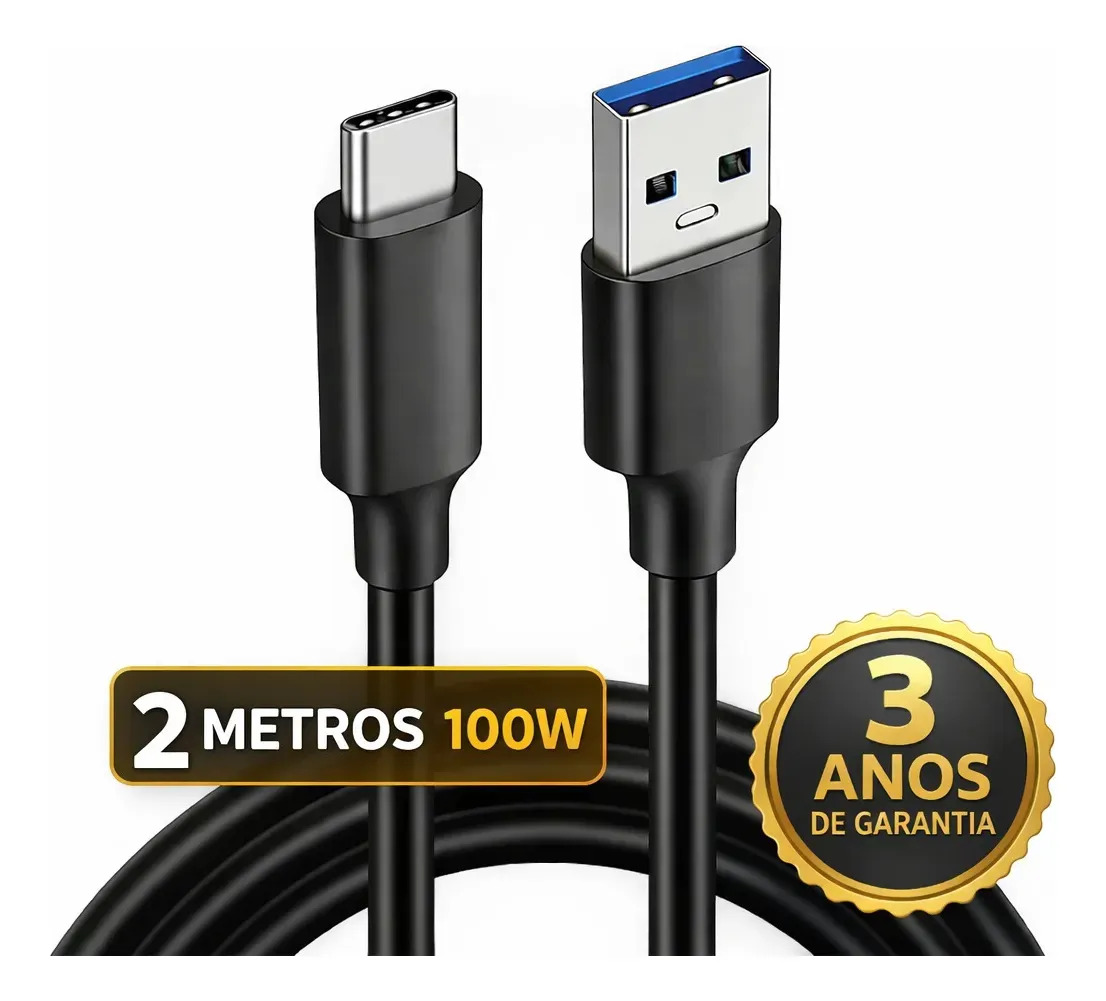 Cabo Usb Tipo C 100W 2 Metros turbo Compatível Samsung Galaxy S25 S24 Plus S23 Fe S22 S21 S20 A16 A15 A22 A13 A14 A55 A53 A54 A06 A0 iphone 15 16 17 Pro Max Carplay Auto Android Ps