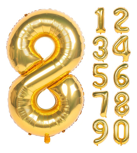 Globo metálico con números grandes, 70 cm, 0 1 2 3 4 5 6 7 8 9, número 8, dorado